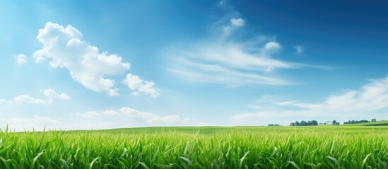 Green field under blue sky with clouds - Powered by Adobe