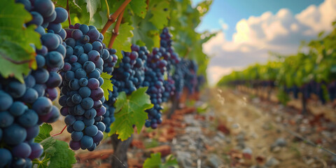 Ripe grapes hang in abundant clusters in the vineyard