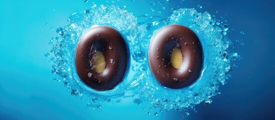 Two donuts in blue bowl with water