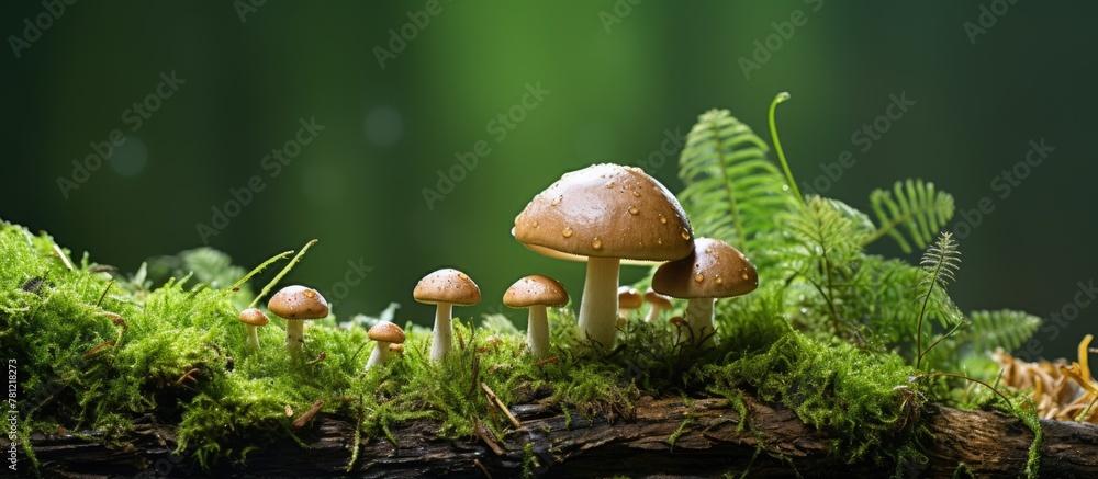 Poster mushrooms and ferns on log in woods