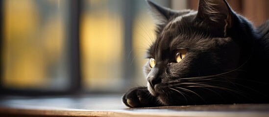 Black cat resting on sill gazes out window in cozy home - Powered by Adobe