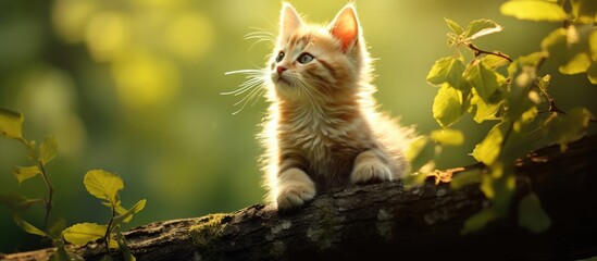 A kitten perched on a tree branch