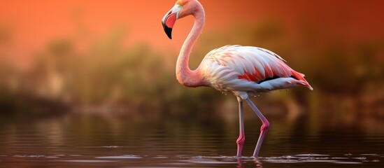 Flamingo standing in water with head submerged