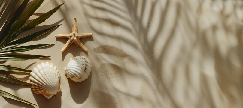 
top view of small starfish and two seashells lie on an beige sand background, tropical leaves shadows in minimalistic style,solid color backdrop, natural lighting, serene summer scene with copy space