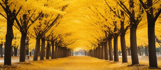 Path with golden foliage surrounding by ginkgo trees