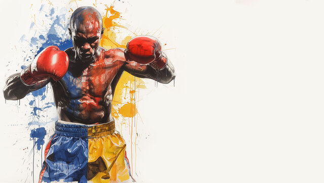 Single continuous line drawing portrait of a professional boxer , splash of yellow, blue and red color, isolated on a white background. Copy space, horizontal 16:9