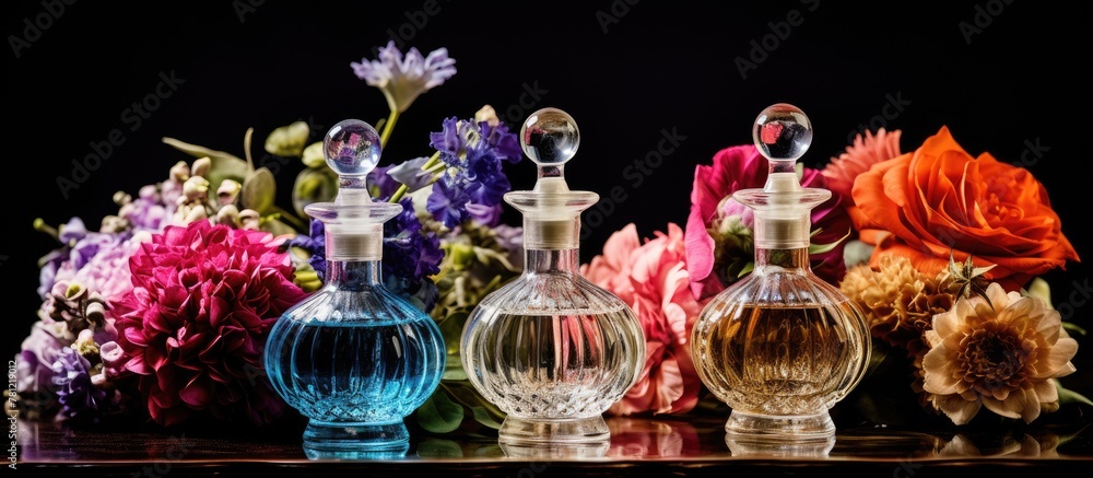 Poster bottles of perfume on a table with floral background