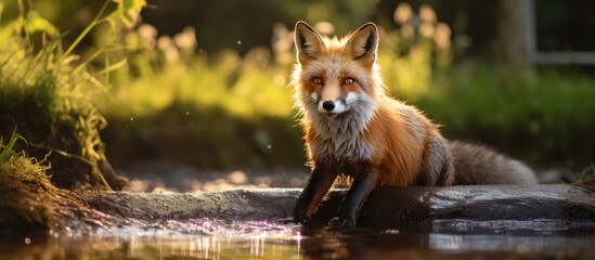 Obraz premium Fox resting on boulder by lake