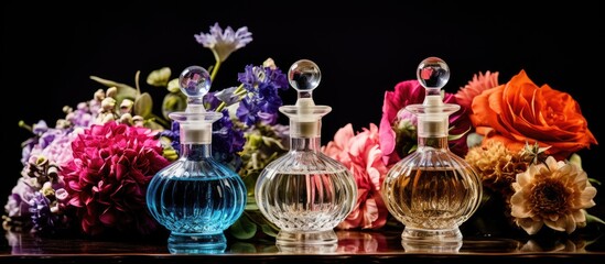 Bottles of perfume on a table with floral background - obrazy, fototapety, plakaty