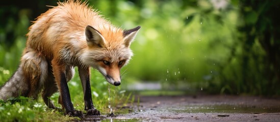 Fototapeta premium Fox standing in rain by puddle