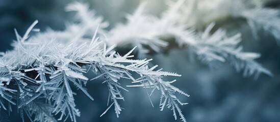 Frosty tree branch close-up