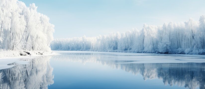 Frozen lake with snow-covered trees