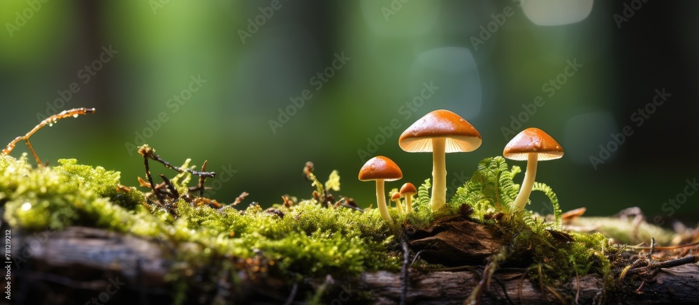 Poster group of mushrooms clustered on a tree trunk