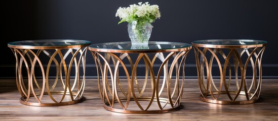 Three tables with vases