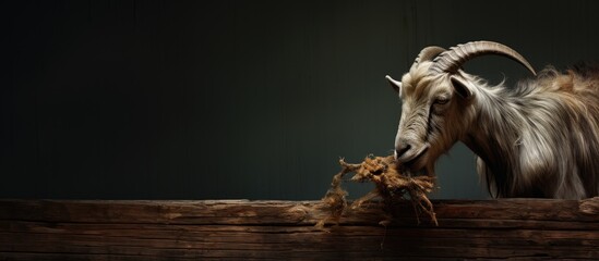 Goat feeding on decayed timber - obrazy, fototapety, plakaty