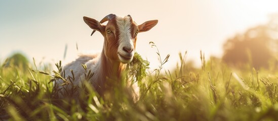 Goat grazing amid lush grass