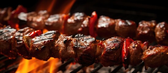 Grilled meat and flames up close