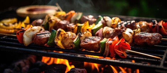 Grilling skewers and vegetables on the barbeque - obrazy, fototapety, plakaty