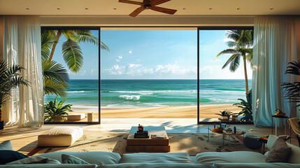 Obraz premium Luxurious Beachfront Living, Tropical Resort Bliss with Ocean Views, Elegant Summer Home by the Sea, Ultimate Vacation Relaxation in Paradise