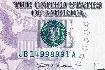 Vintage elements of paper banknotes.Bonistics.Fragment of 5 US dollar banknote for design purpose. United States of America