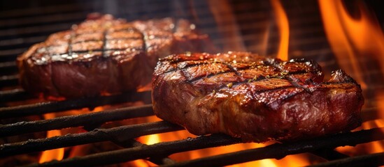Steaks sizzling on grill amid flames - obrazy, fototapety, plakaty
