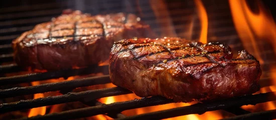 Raamstickers Steaks sizzling on grill amid flames © vxnaghiyev
