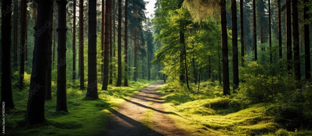 Poster forest path through tall trees and grass