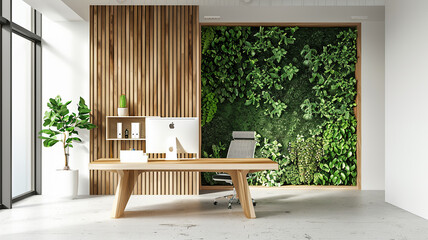 Ein minimalistisches Zen-Home Office mit klaren Linien, Naturholz, weißen Wänden, einfachen, funktionalen Möbeln und einer vertikalen Gartenwand. Generative KI. - obrazy, fototapety, plakaty