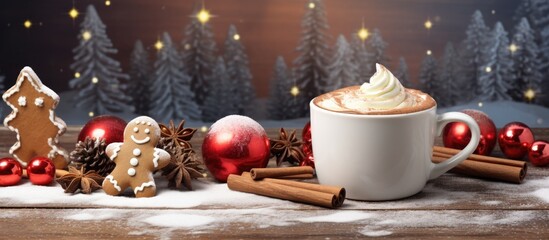 Winter hot chocolate with ginger and candy cane on a festive scene