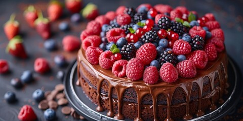 A delectable homemade birthday cake adorned with chocolate, berries, and cream, perfect for celebrations - obrazy, fototapety, plakaty