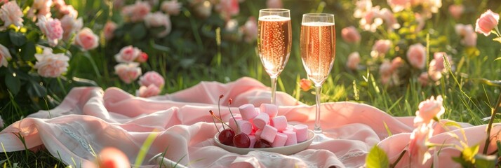 Summer picnic on grass with pink tablecloth, marshmallows, glasses of sparkling cherry wine among fragrant flowers roses in sunny day. Wine tasting, celebrate wedding, copy space. banner. nobody - obrazy, fototapety, plakaty