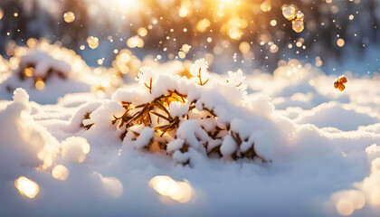 winterliche weiße Weihnachten Landschaft bedeckt mit glitzerndem kalten Schnee und Eis, Schneeflocken in der Luft und warme Sonne Strahlen der goldenen Stunde Morgenrot, Abenddämmerung, Feiertage Fest - obrazy, fototapety, plakaty