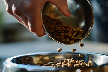 Close up of human filling pet bowl with dry kibble food