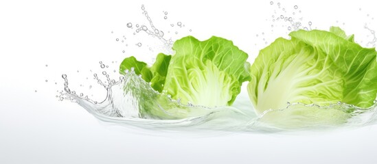 Lettuce dropping into bowl of water - obrazy, fototapety, plakaty