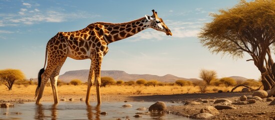 Giraffe by tree sipping water in desert