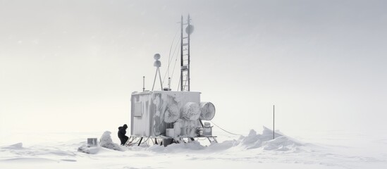 Man by snow near transmission tower