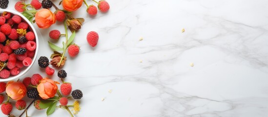Berries and oranges in bowl on marble surface