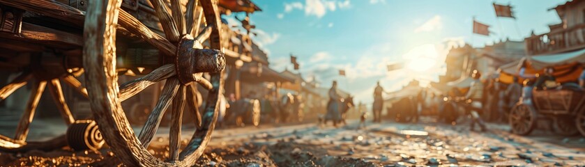 Ancient wheel, wooden carriage, revolutionary invention changing transportation, in a bustling marketplace, under a clear blue sky, realistic, sunlight, lens flare