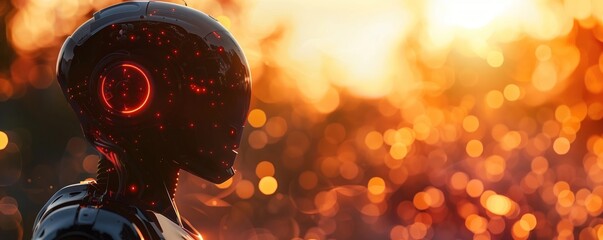  Robot with emotions, created to assist, gains consciousness and questions servitude, facing moral choice between loyalty and autonomy Realistic, Silhouette lighting, Depth of field bokeh effect - obrazy, fototapety, plakaty