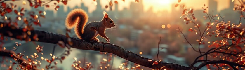 Squirrel, tail, nimble acrobat, leaping between tree branches in a park, cityscape backdrop, 3D render, backlights - obrazy, fototapety, plakaty
