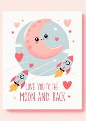 Greeting card Love you moon back pink romantic feeling flat design