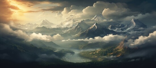 Mountain range and cloudy sky over flowing river - Powered by Adobe