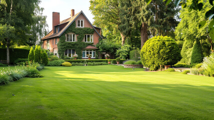 Elegant house with manicured English garden and lush greenery on a sunny day.