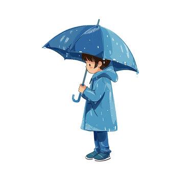 child wearing raincoatblue white tone cartoon 2D  illustration on white background Looks minimalist.