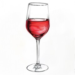 Zeichnung von einem Weinglas gefüllt mit Rotwein  - obrazy, fototapety, plakaty
