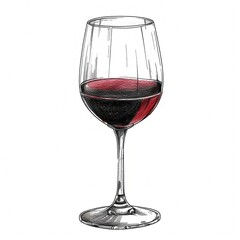 Zeichnung von einem Weinglas gefüllt mit Rotwein  - obrazy, fototapety, plakaty