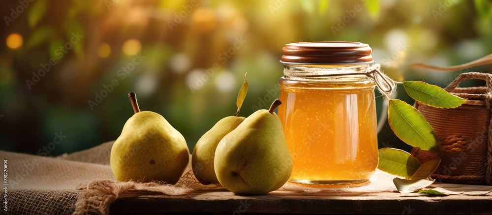 Wall mural glass jar of pear preserve on wooden surface