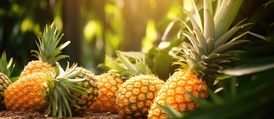 Pineapples scattered on the ground, tropical fruit growing naturally