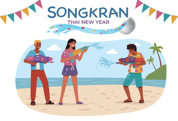 Songkran Festival, people playing water guns on the beach.eps