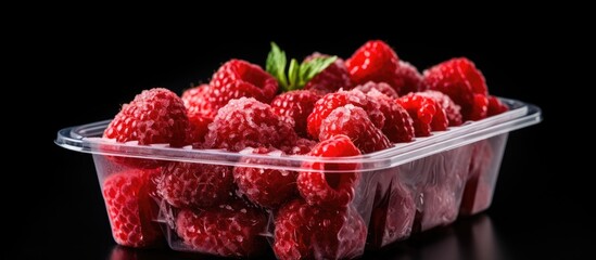 Plastic berry container close-up with ripe raspberries